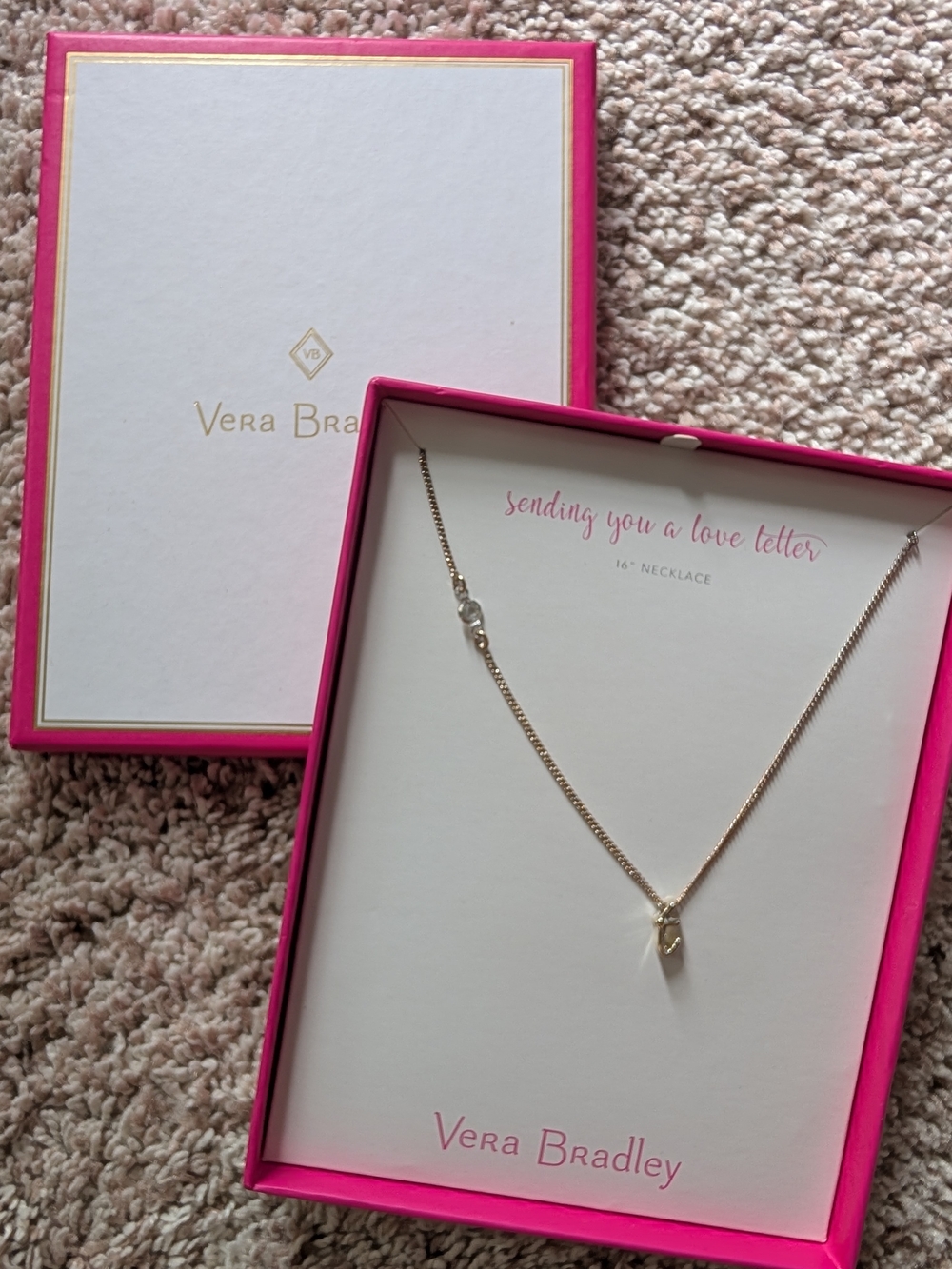 Vera Bradley Gold Heart Pendant Necklace with Pink Box